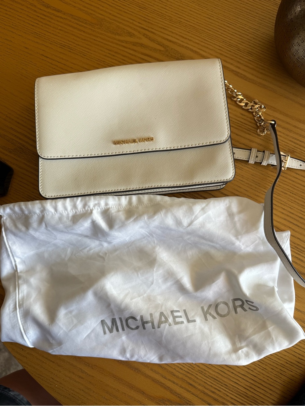 Michael Kors Ivory Cream Saffiano Leather Crossbody with Gold Chain
